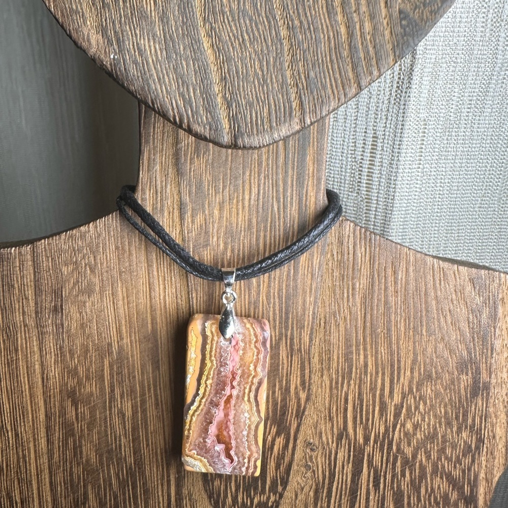 Crazy Lace Agate Rectangle Pendant Necklace on Black Rope - Picture 12 of 15